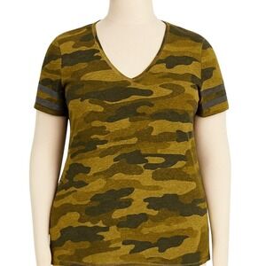 Lucky Brand Camo V Neck Tee Womens L Retro Burnout Armycore Relaxed Fit Y2K Vibe